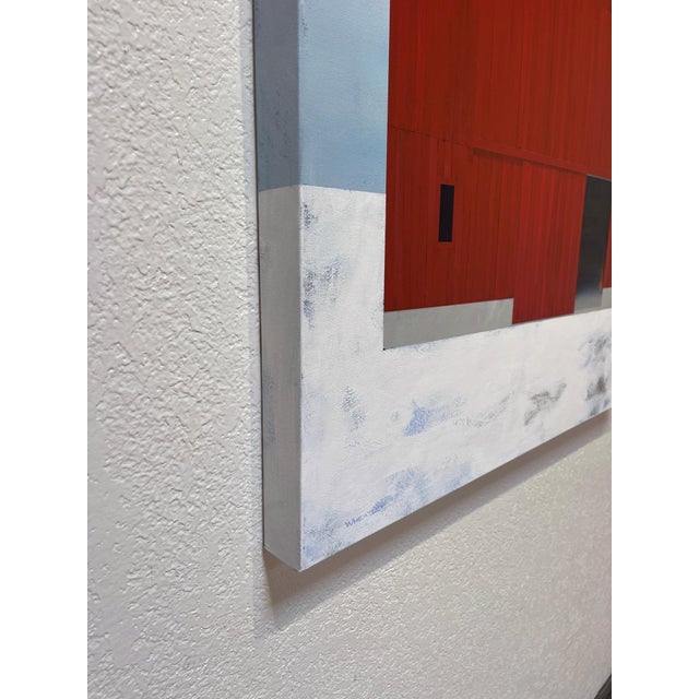 Contemporary Midwinter by Justin Wheatley | Acrylic on Canvas Red Barn in Snow For Sale - Image 3 of 11