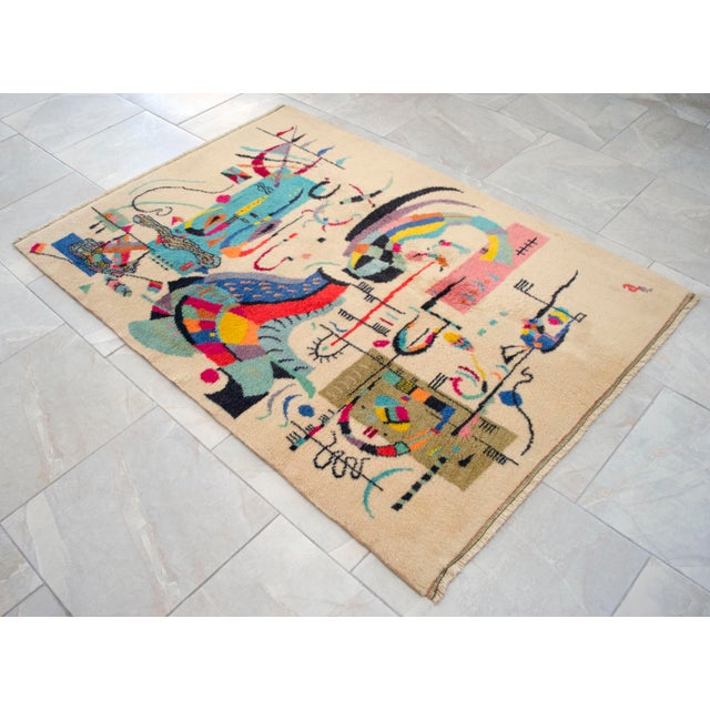 1980s Kandinsky - Accompanied Center - Inspired Hand Knotted Area - Wall Rug- 3′7″ × 5′ For Sale - Image 15 of 18
