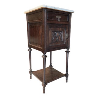 19th Century French Louis XVI Walnut Nightstand With Marble Top & Porcelain-Lined Cabinet For Sale