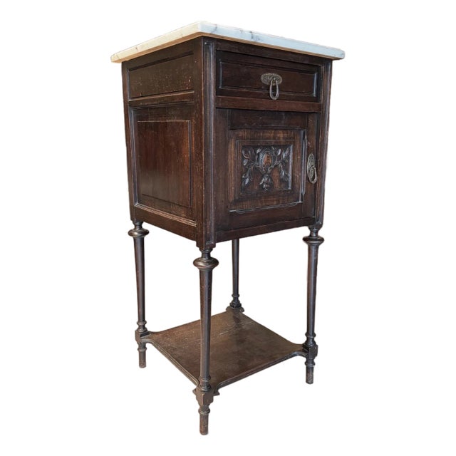 19th Century French Louis XVI Walnut Nightstand With Marble Top & Porcelain-Lined Cabinet For Sale