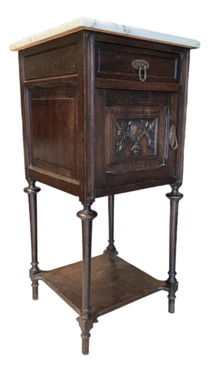 19th Century French Louis XVI Walnut Nightstand With Marble Top & Porcelain-Lined Cabinet