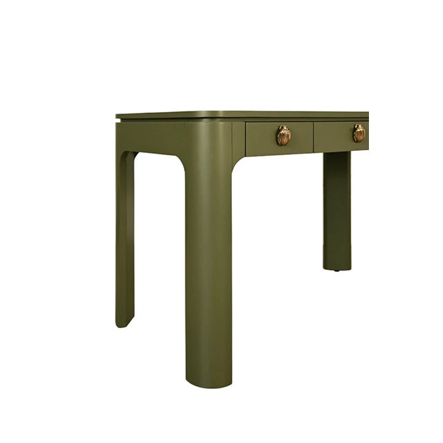 Not Yet Made - Made To Order Matthew Izzo Home Theo Three Drawer Olive Green Lacquer Desk With Brass Beetle Knobs For Sale - Image 5 of 11