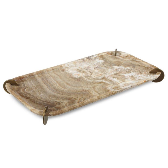 Natural onyx marble tray with brass finish steel coin corner stands. Wonderful luxurious piece for many uses. Each tray...