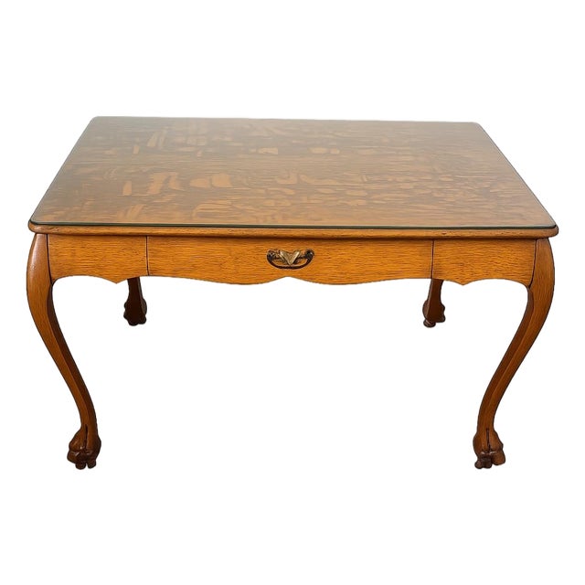 Vintage Tiger Oak Writing Desk With Ball-and-Claw Feet & Cabriole Legs | Glass-Protected Top For Sale