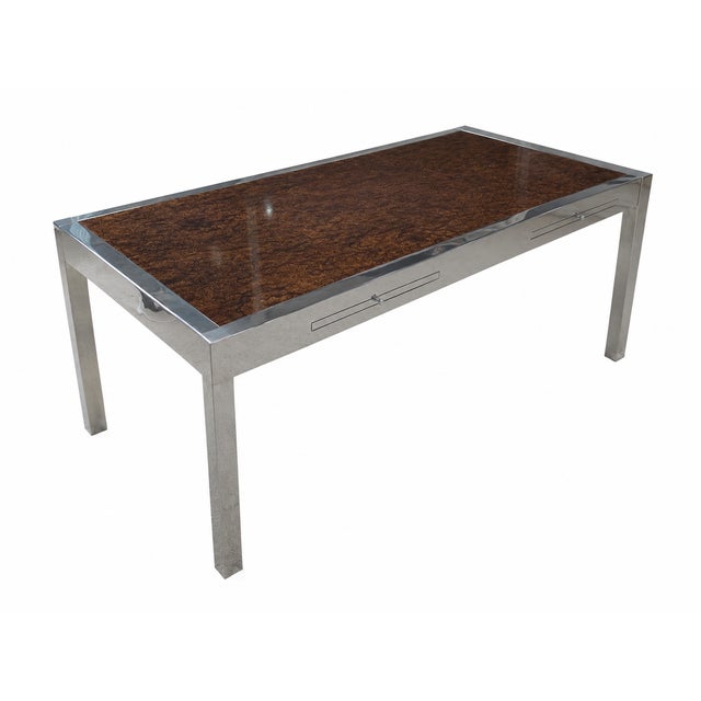 1970s 1970s Rare Leon Rosen for Pace Collection Burl Wood & Chrome Executive Desk For Sale - Image 5 of 11