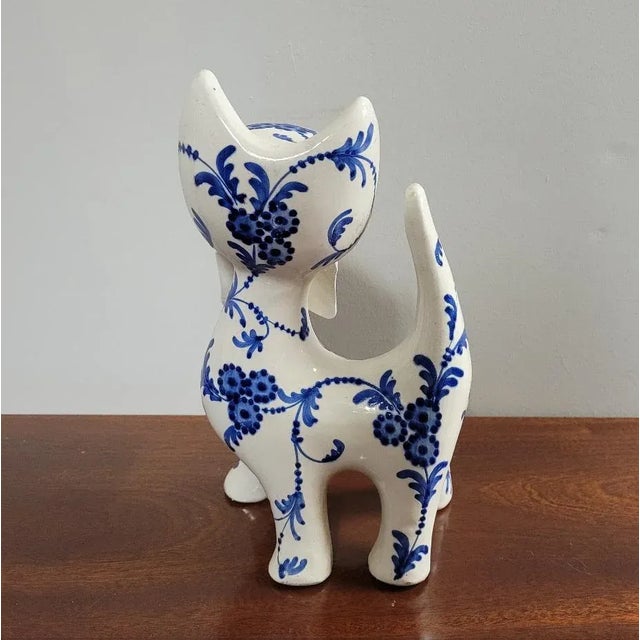 Vintage Italian Blue and White Glazed Cat With Bowtie For Sale - Image 4 of 7