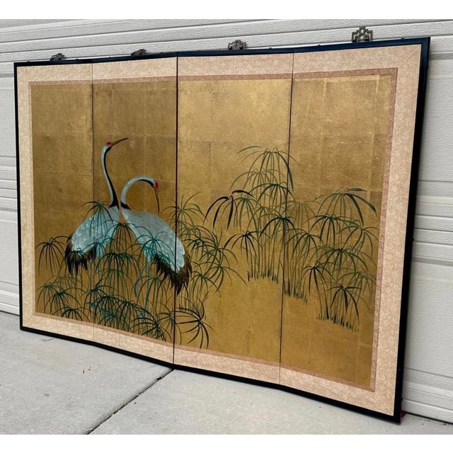 Art Deco Early 20th Century Japanese Four-Fold Byobu Screen With Cranes and Young Bamboo For Sale - Image 3 of 18
