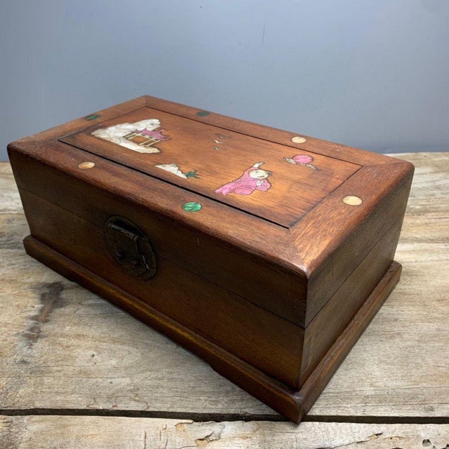 Wood Vintage Chinese Pear Wood Jewelry Box, Mother of Pearl Inlay Landscape & Figure Scene, Chinoiserie Storage Chest For Sale - Image 7 of 9