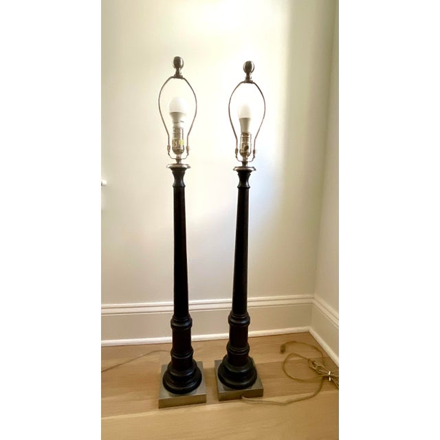 Early 2000’s Pair of Solid Walnut Console Lamps, tapered in very dark brown with soft black shades. Solid Antique Nickel...