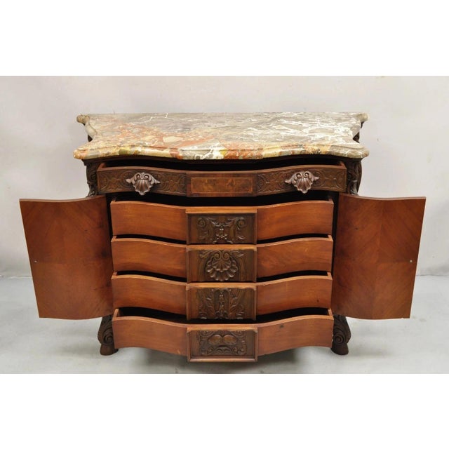 Baroque Antique French Louis XV Baroque Burl Walnut Marble Top Commode 5 Drawer Dresser For Sale - Image 3 of 16