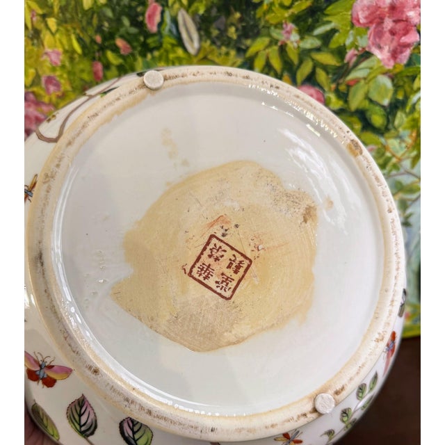 Large Chinoiserie Porcelain Lidded Box Centerpiece With Butterflies Dragonflies and Floral Design For Sale - Image 9 of 9
