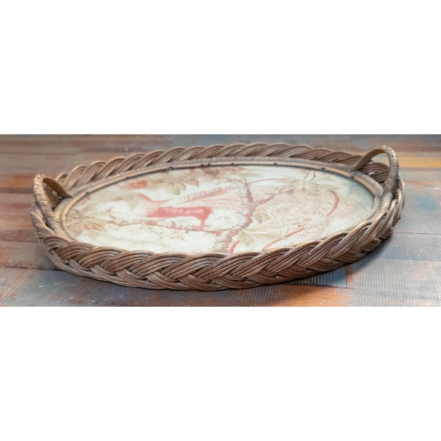 19th or 20th Century French Wicker Serving Tray With Tapestry Fragment of Bird For Sale - Image 11 of 16
