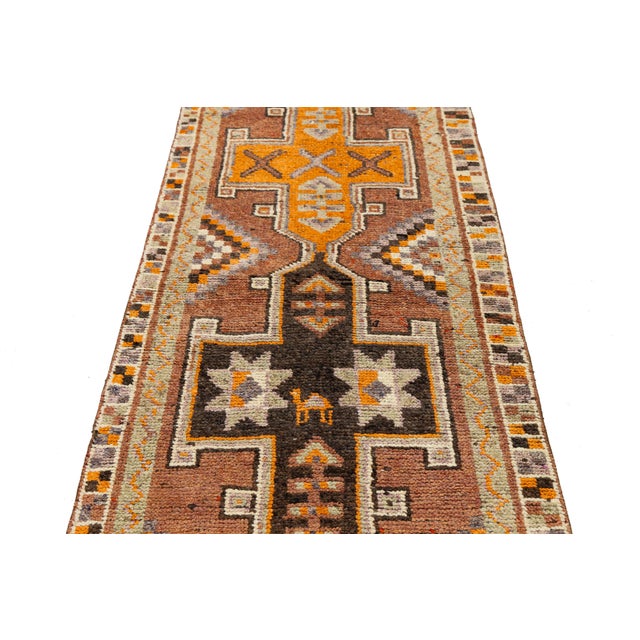 Brown Handmade Vintage Turkish Brown Wool Runner With Tribal Star Motifs For Sale - Image 8 of 10