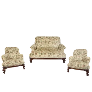 Damask Fabric Armchairs & Sofa, 1920s, Set of 3