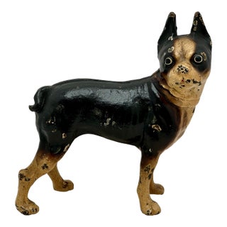 Hard 2 Find Vintage 1930s Hubley Manufacturing Co. Brown Painted Boston Terrier Cast Iron Dog Doorstop For Sale