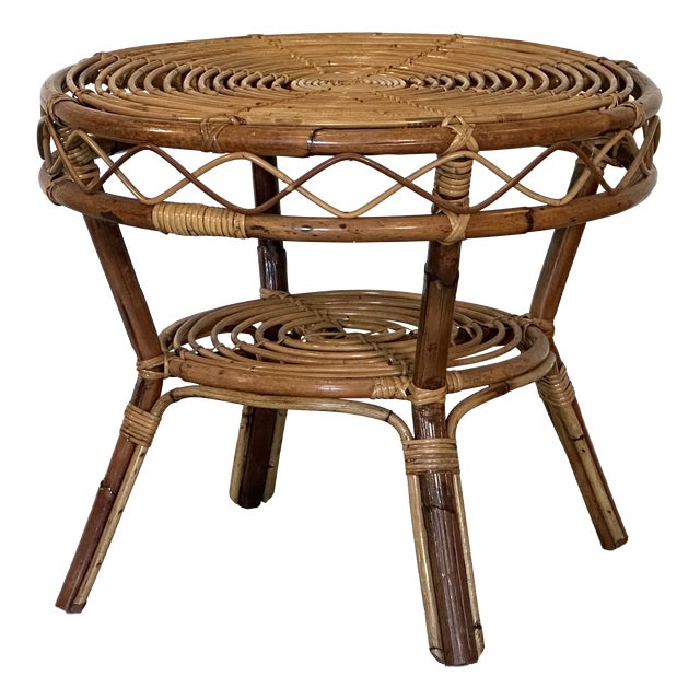 Round Rattan and Bamboo Coffee Table, 1970s For Sale