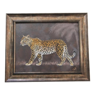 Leopard Landscape Safari Skilling Style English Traditional Burnt Umber Goldenrod Beige Original Oil Painting Cleo Plowden For Sale