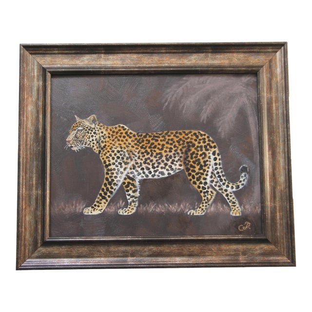 Leopard Landscape Safari Skilling Style English Traditional Burnt Umber Goldenrod Beige Original Oil Painting Cleo Plowden For Sale