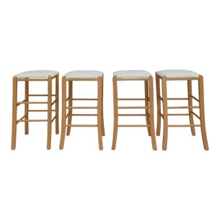 Vintage Italian Beech Wood and Leather Counter Stools - Set of Four For Sale