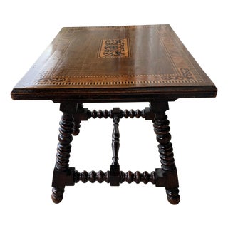 19th Century Baroque Spanish Side Table with Marquetry Top & Turned Legs For Sale