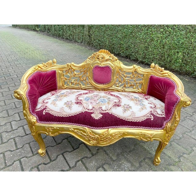 Late 20c French Louis XVI Red Velvet Gilt Beech Settee For Sale - Image 11 of 13