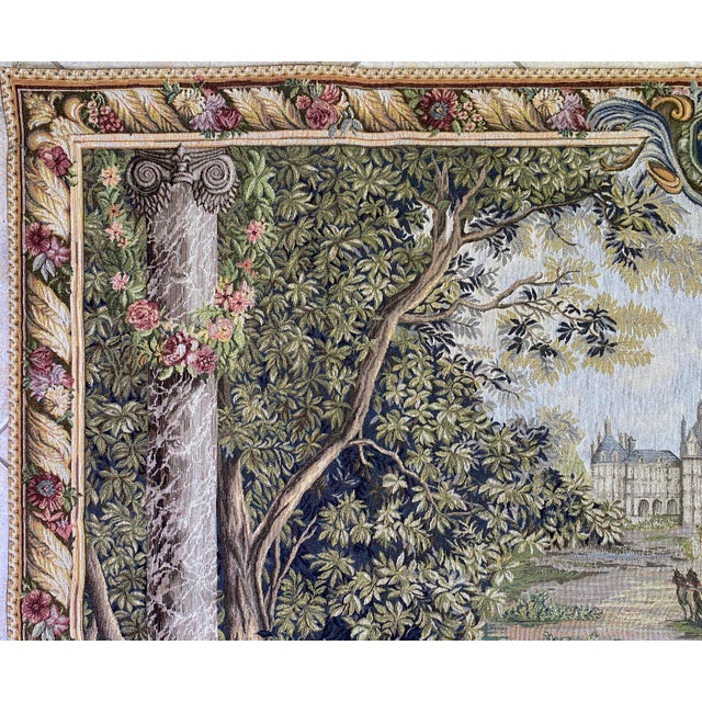 French Château Landscape Jacquard Woven Tapestry With Carriage & Courtly Scene For Sale - Image 4 of 11