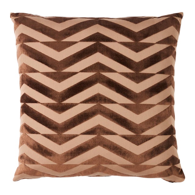 Schumacher x Miles Redd Broken Chevron Cut Velvet 20" Pillow in Brown on Camel For Sale