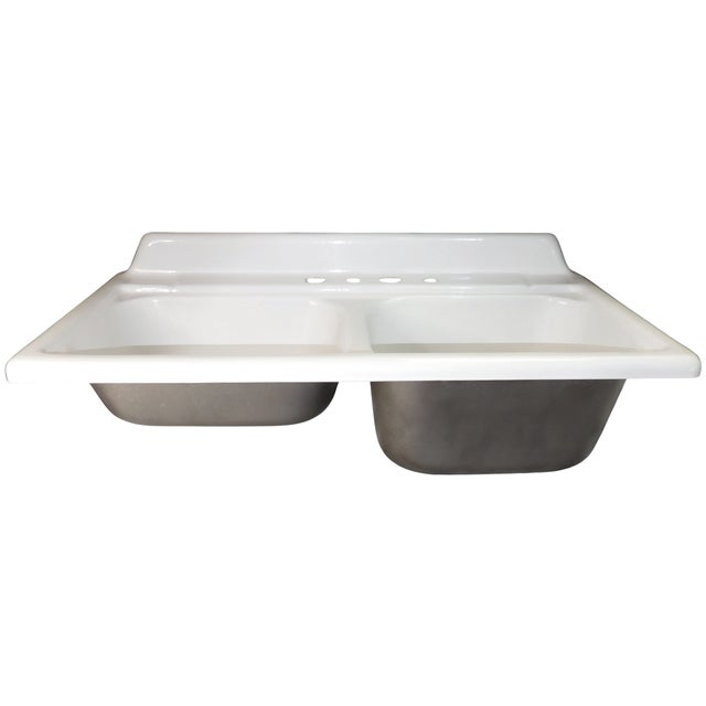 Iconic 1957 Vintage Kohler Sea Cliff 50" Wide Double Basin Porcelain & Cast Iron Kitchen Sink For Sale In Portland, ME - Image 6 of 18