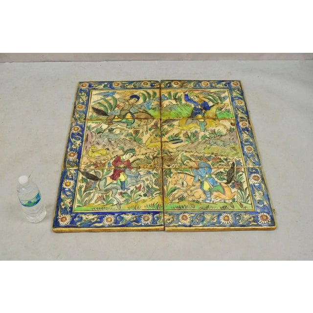 Antique Persian Iznik Qajar Style Ceramic Pottery Tile Mosaic Hunt Scene C7. Item features original crackle glazed finish,...