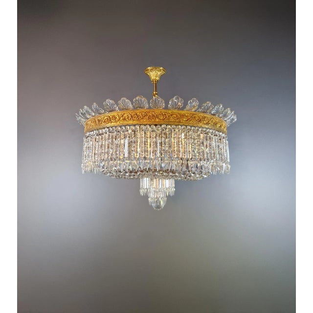 Art Deco 1930s Art Nouveau Brass Plafonnier Crystal Chandelier For Sale - Image 3 of 7