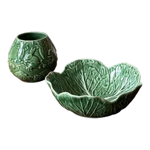 Bordallo Pinheiro Cabbageware Small Bowl and Rabbit Embossed Vase Set- 2 Pieces