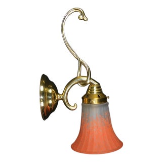 Mid-Century French Art Nouveau Brass Wall Sconce with Ribbed Glass Shade, 1950s For Sale
