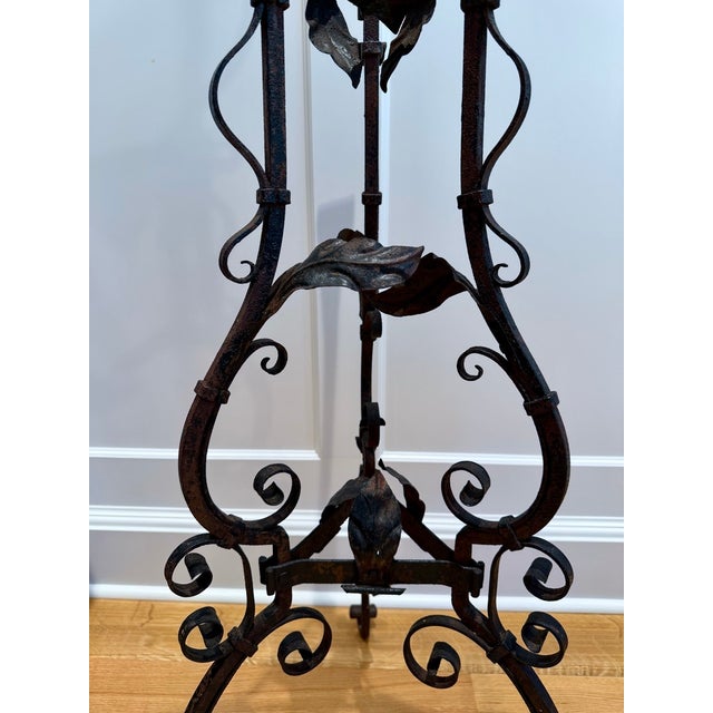 Black Continental Wrought Iron Tripod Plant Stand With Scrollwork and Foliage Circa 1880 For Sale - Image 8 of 17