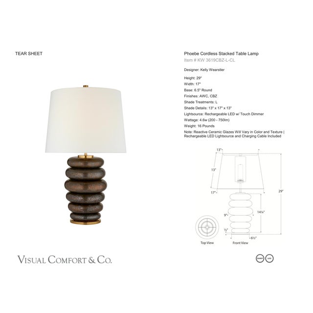Kelly Wearstler by Visual Comfort Signature Phoebe Cordless Stacked Table Lamp in Crystal Bronze with Linen Shade...
