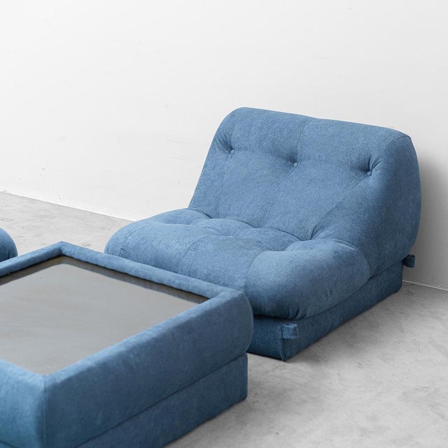 Vintage Lounge Chairs with Coffee Table in Blue Fabric, 1970s, Set of 3 For Sale - Image 6 of 13