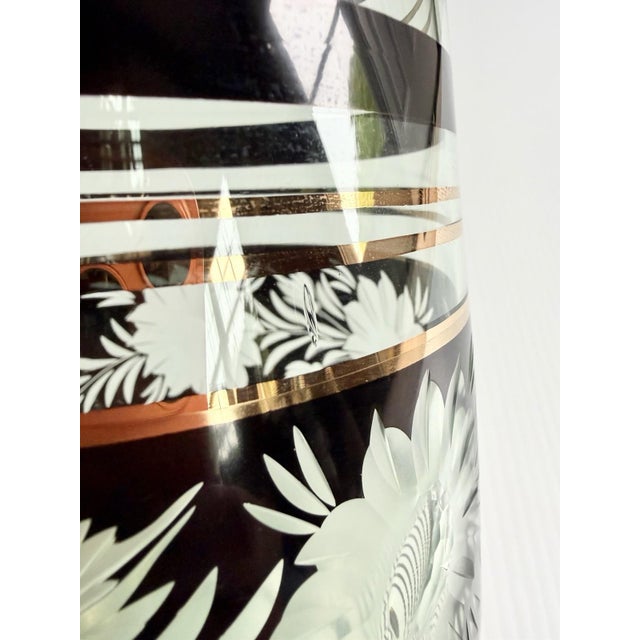 Vintage Mid-Century Modern Bohemian Green Glass Pitcher Cut Flowers, Gold & Black Bands For Sale - Image 15 of 17