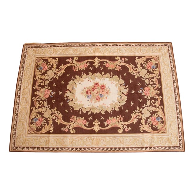 Vintage Aubusson Brown Rug For Sale