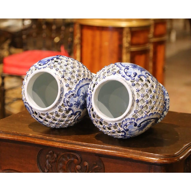 Pair of 19th Century French Blue and White Desvres Lidded Vases in Delft Style For Sale - Image 15 of 17