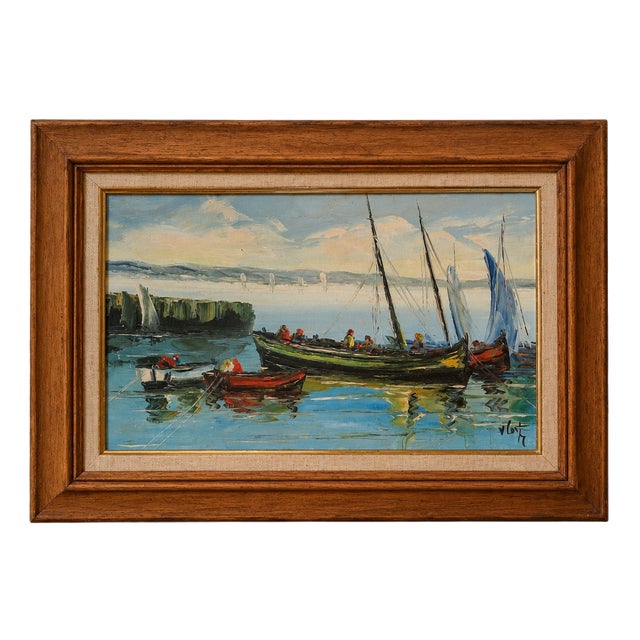V. Le T., Seascape Composition, 1950s, Oil Painting on Canvas For Sale