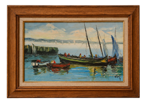 V. Le T., Seascape Composition, 1950s, Oil Painting on Canvas