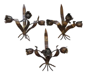 1890 French Art Nouveau Louis XVI Distressed Gilt Metal Floral Form Wall Sconces - Set of 3