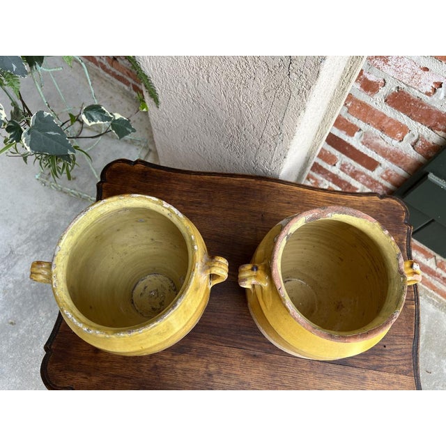 Pair Antique Provincial French Yellow Glazed Pottery Confit Pot Urn Vessel Vase For Sale - Image 10 of 13
