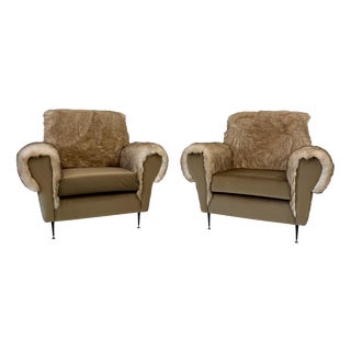 Italian Lounge Chairs in Velvet and Faux Fur Fabric, 1950s, Set of 2 For Sale