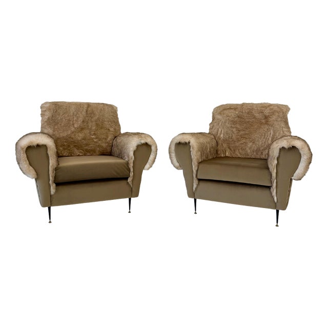 Italian Lounge Chairs in Velvet and Faux Fur Fabric, 1950s, Set of 2 For Sale