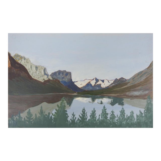 1940s Outsider Folk Art Mountain Lake Landscape Painting For Sale