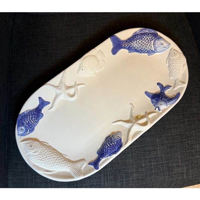 1990s Vintage Mid-Century Modern Bassano Italy Majolica Ceramic Oval Fish Platter For Sale - Image 5 of 6