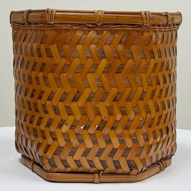 Boho Chic Vintage Hand Woven Split Reed Basket For Sale - Image 3 of 6