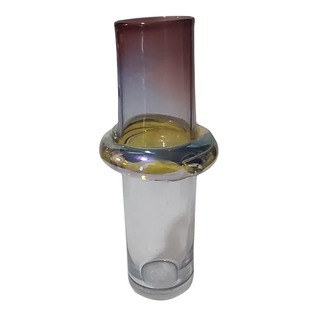 Mid-Century-Modern Hand-Blown Studio Art Glass Iridescent Ring Vase For Sale