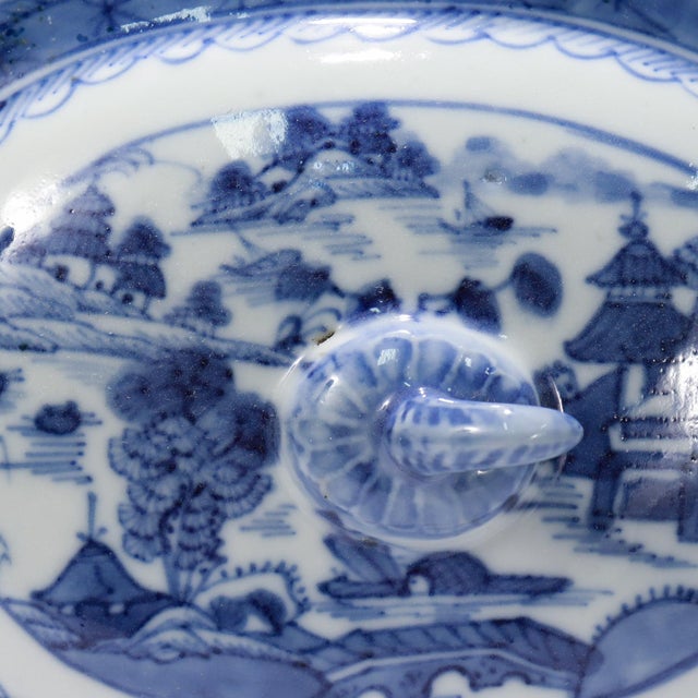 Antique Blue & White Canton Chinese Export Porcelain Miniature Sauce Tureen For Sale - Image 13 of 16