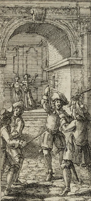 J. Meyer, Duel in the Courtyard of a Palace, 17th-Century, Etching
